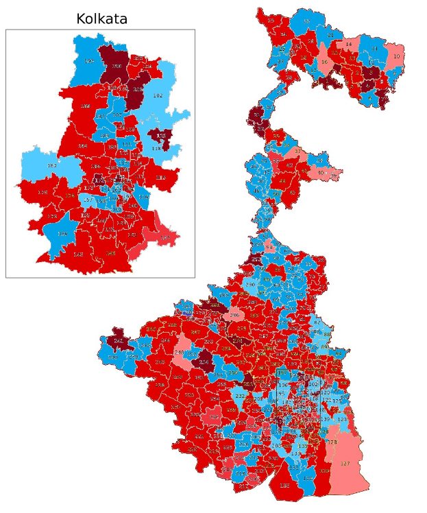 Eine Karte von Kolkata, Indien, farbcodiert, um die Bevölkerungsdichte zu zeigen, mit der Überschrift "Kolkata Wahl-Ergebnisse" oben.