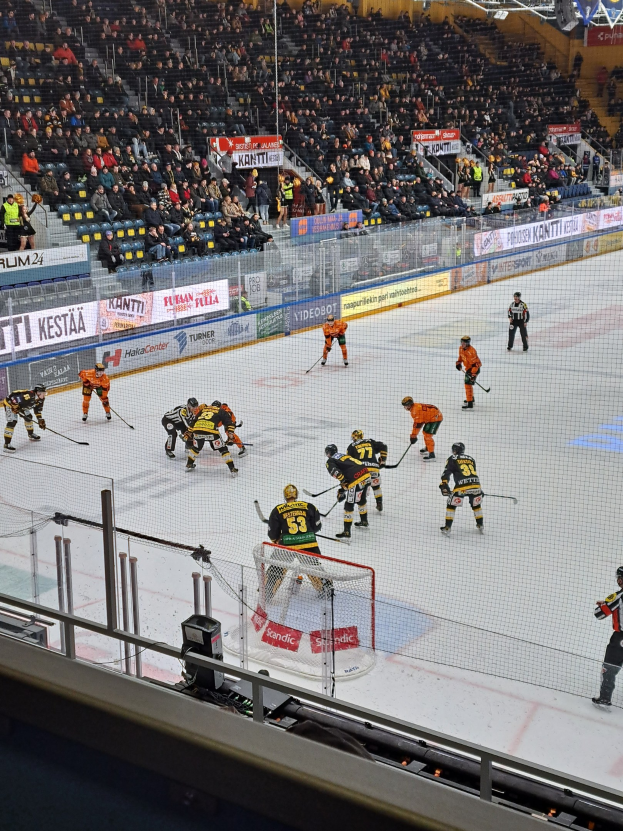 Eine Gruppe von Menschen spielt Hockey auf einem Eisstadion mit einem Netz und einer Umzäunung, beobachtet von sitzenden Zuschauern und Bannern in einer Stadionatmosphäre.