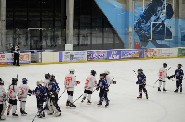 Young people playing ice hockey on an indoor rink, wearing helmets and holding sticks, with banners and pillars in the background.