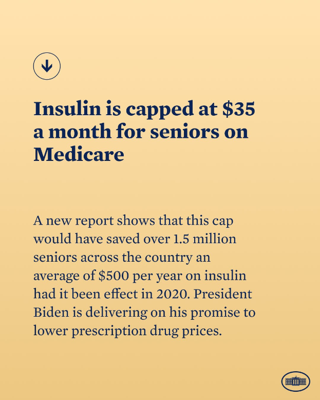 Plakat mit der Aufschrift "Insulin ist auf 35 USD pro Monat für Senioren mit Medicare begrenzt" mit einem Logo, das wahrscheinlich über die Kosten für Insulin unter Medicare informiert.