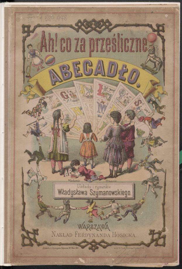Alte Buchumschlagabbildung mit einer spielerischen Illustration von Kindern, die Karten halten und auf einer flachen Oberfläche plaziert sind.