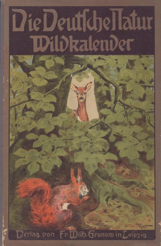 Titelbild des "Deutschen Hatur Wildkalenders" mit einer Illustration eines Rehs und eines Eichhörnchens in einem Waldgebiet.