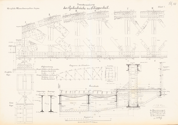 Altes Buch mit detaillierter Zeichnung einer Brücke auf dem Cover und Text zur Beschreibung ihrer Struktur.