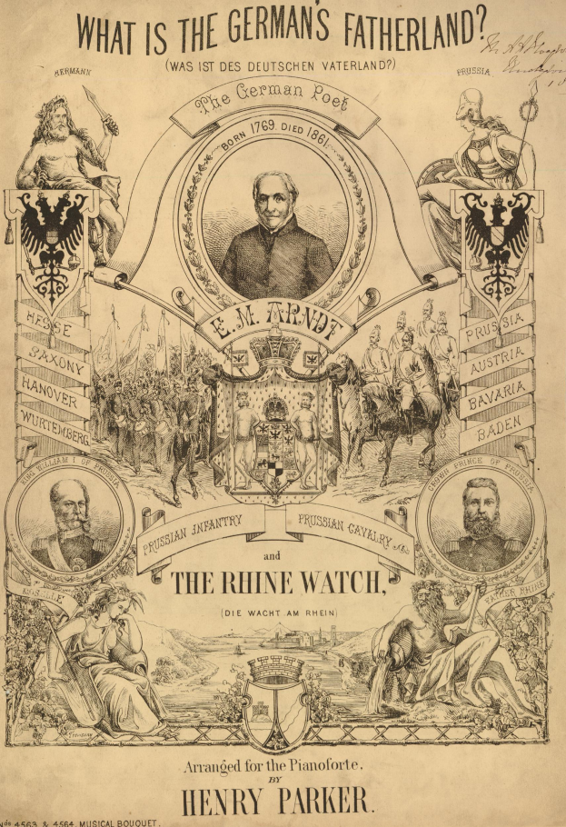 Eine Zeitung mit Bildern von Menschen und dem Text "Was ist das Vaterland der Deutschen? Die Rheinwacht von Henry Parker".