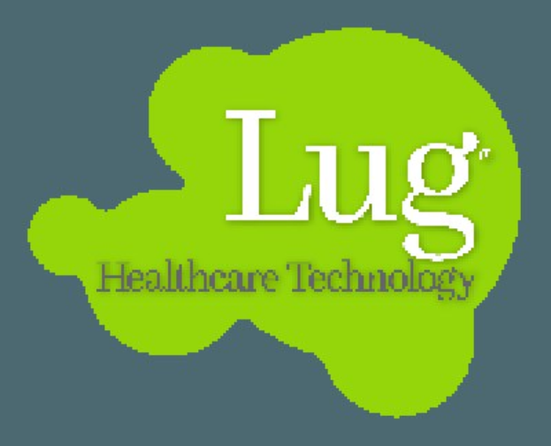 Logo der Lug Healthcare Technology mit einem blauen und weißen Kreisemblem, das eine fette schwarze Schrift auf einem weißen Hintergrund umgibt.