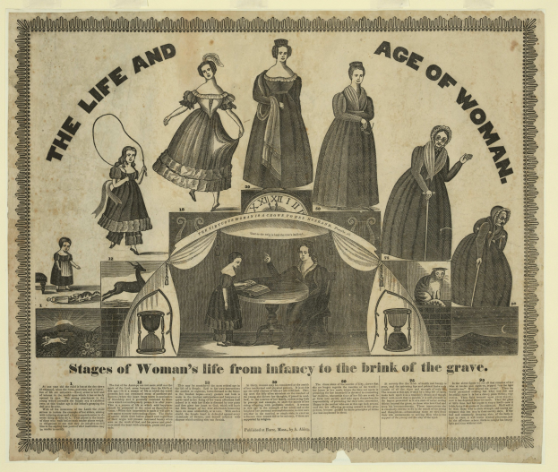 Eine farbenfrohe Papierreproduktion, die die Phasen des Lebens von Frauen von der Kindheit bis ins hohe Alter zeigt, mit kräftiger Schrift und detaillierten Elementen.