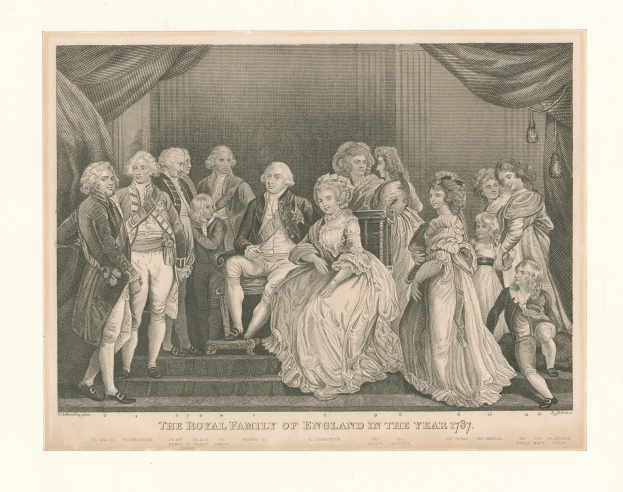 Eine Gruppenporträt der englischen Königsfamilie im Jahr 1787, stehend und sitzend auf einer Treppe mit Vorhängen im Hintergrund, einschließlich Text unten.