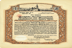 Altes deutsches Wertpapier mit einer Stadtansicht und gedrucktem Text.