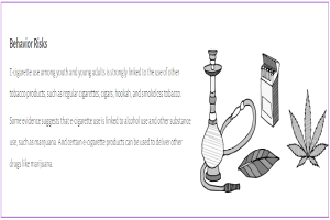 Ein Plakat mit einem Wasserpfeifen, Marihuanablättern, einer Zigarette und einem Text, der vor der Verbindung zwischen E-Zigarettengebrauch und anderen Tabakprodukten bei Jugendlichen und jungen Erwachsenen warnt.