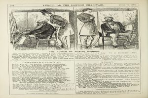 Ein altes Buch mit dem Titel "Die Macht der öffentlichen Meinung" zeigt eine Zeichnung eines ernst dreinschauenden, geschniegelten Mannes in einem Stuhl, während eine nachdenklich aussehende Frau neben ihm steht.