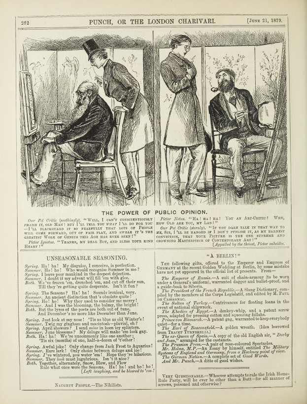 Ein altes Buch mit dem Titel "Die Macht der öffentlichen Meinung" zeigt eine Zeichnung eines ernst dreinschauenden, geschniegelten Mannes in einem Stuhl, während eine nachdenklich aussehende Frau neben ihm steht.