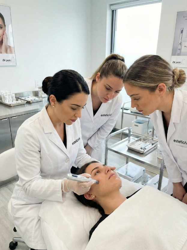 Eine minimalistisch gestaltete Kosmetikpraxis: Drei Fachkräfte in weißen Laborkitteln führen konzentriert eine professionelle Gesichtsbehandlung durch. Die Atmosphäre strahlt Präzision, Expertise und den Einsatz innovativer Hauttechnologien in einer klinisch reinen Umgebung aus.