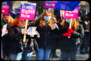 Eine Gruppe von Menschen steht auf der Straße, einige tragen Masken und halten Schilder, andere halten Fahnen, mit einer Frau und einem Mädchen, die Schilder mit der Aufschrift "Trans-Rechte jetzt" halten, im Vordergrund und einem Gebäude im Hintergrund.