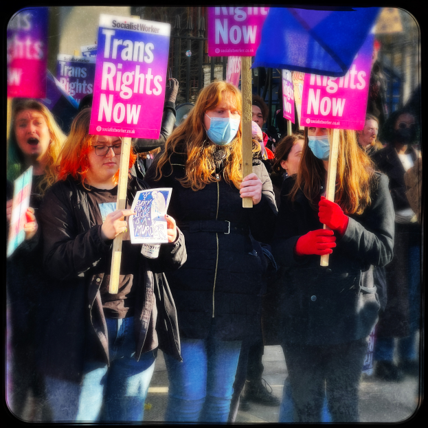 Eine Gruppe von Menschen steht auf der Straße, einige tragen Masken und halten Schilder, andere halten Fahnen, mit einer Frau und einem Mädchen, die Schilder mit der Aufschrift "Trans-Rechte jetzt" halten, im Vordergrund und einem Gebäude im Hintergrund.