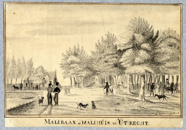 Eine Zeichnung eines Parks mit Menschen, die Hunde ausführen, Bäume, Häuser und Text unten.