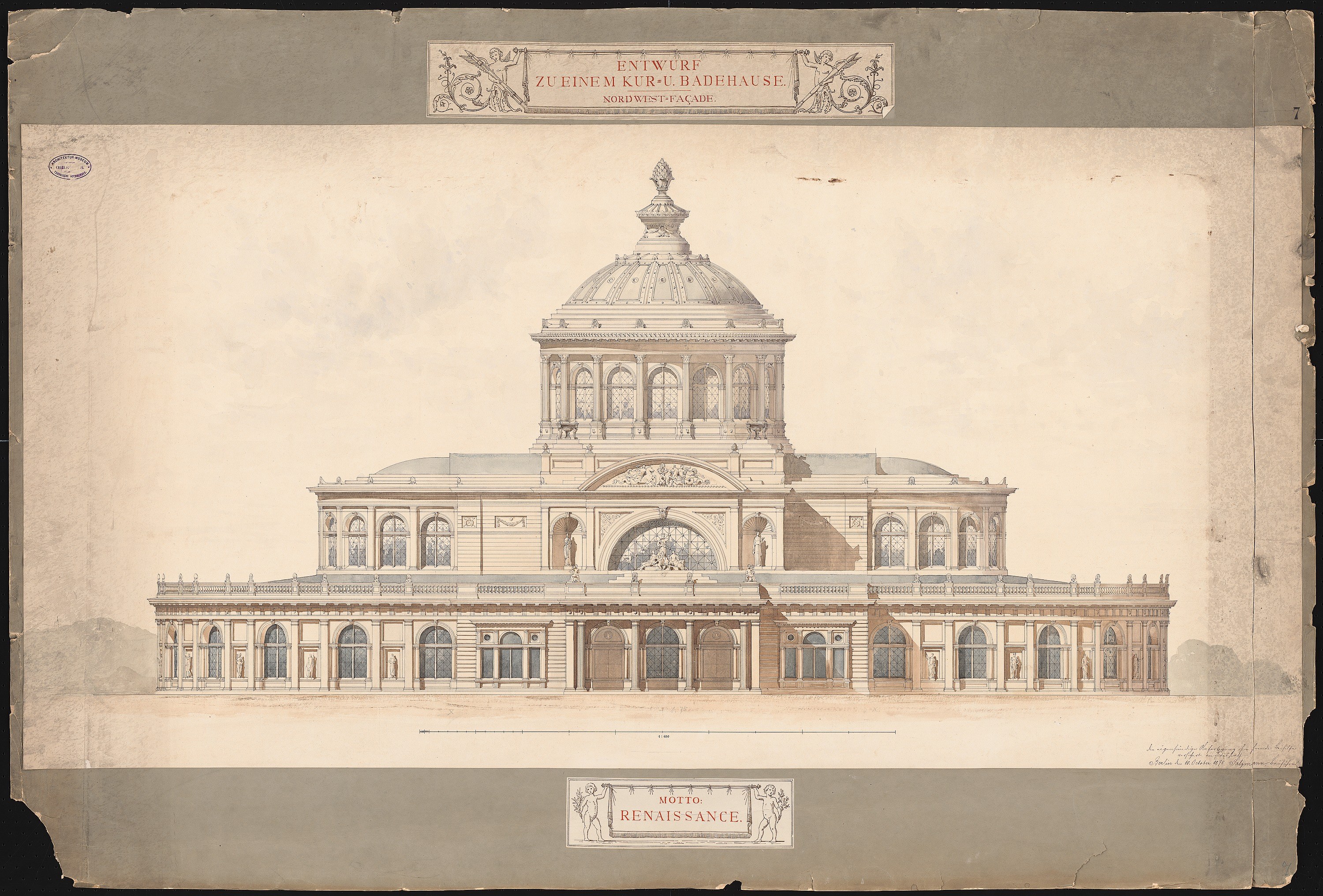 Ein detailliertes Zeichnung des Zuenem Kur-Badenhausen-Gebäudes in Dresden, Deutschland, mit einem prominenten Kuppel-Eingang, vor einem schwarzen Hintergrund mit Text auf dem Papier.