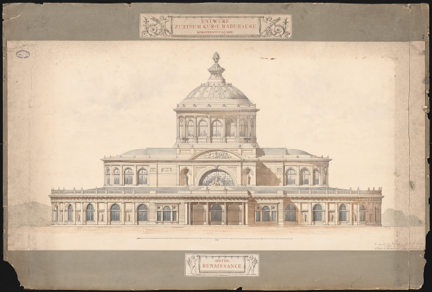 Ein detailliertes Zeichnung des Zuenem Kur-Badenhausen-Gebäudes in Dresden, Deutschland, mit einem prominenten Kuppel-Eingang, vor einem schwarzen Hintergrund mit Text auf dem Papier.