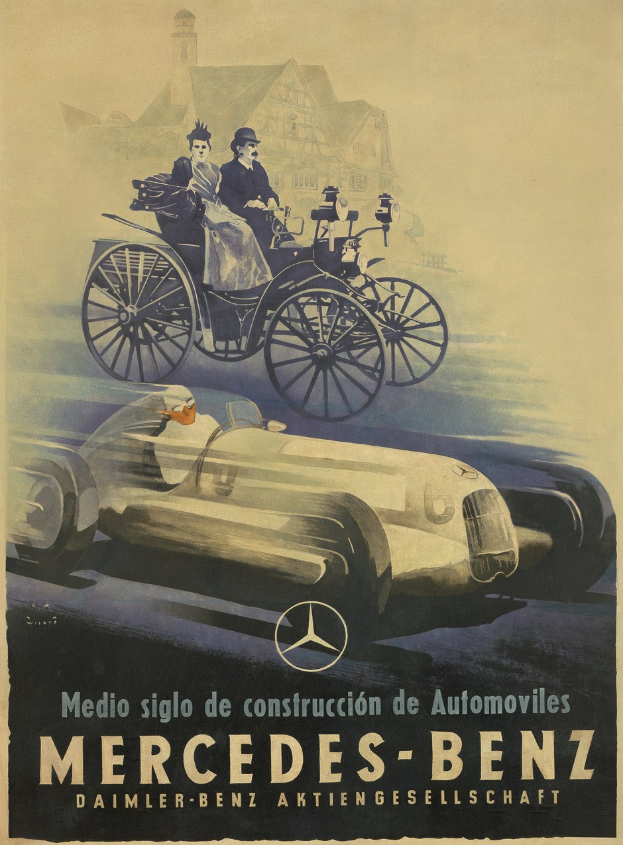 Vintage-Werbetafel für Mercedes-Benz aus den 1930er Jahren mit einem Auto und zwei Personen sowie einem Geb├Ąude im Hintergrund und beschreibendem Text.
