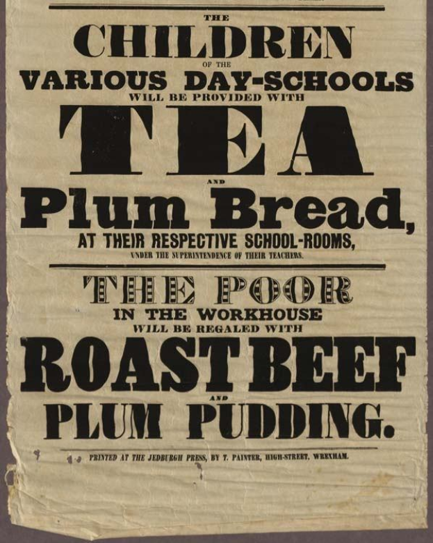 Ein Blatt mit Text, auf dem steht, dass Kinder aus verschiedenen Tagesschulen Tee, Zwetschgenbrot, Rindfleisch und Zwetschgenpudding erhalten werden.