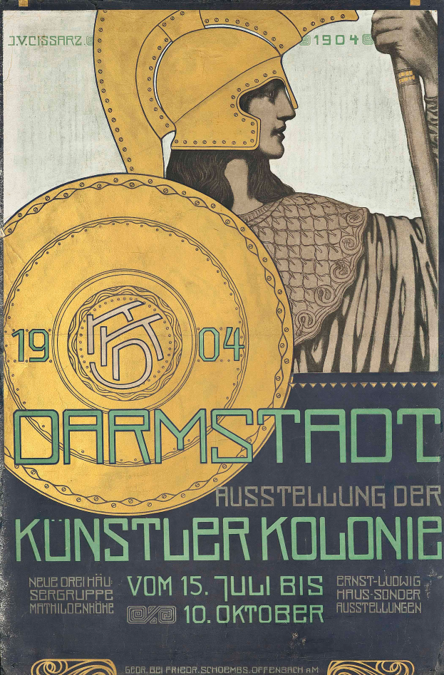 Ein Plakat, das ein Konzert in Berlin, Deutschland im Jahr 1904 ankündigt, zeigt eine Person in einem Helm, die ein Schild hält, mit 'Darmstadt' und 'Künstlerkolonie' in fetter Schrift.