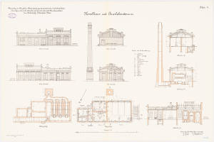 Ein detailliertes Zeichnung eines großen Gebäudes mit zahlreichen Fenstern und einem prominenten Turm, identifiziert als das Museum of Fine Arts in Berlin, Deutschland, auf einem Stück Papier mit beschreibendem Text.
