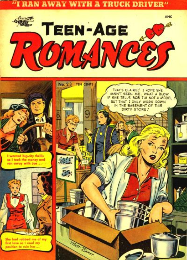 Ein Plakat mit der Aufschrift "Teen-Age Romances 23-A von DC", das eine Gruppe strahlender Menschen in romantischen Umarmungen zeigt, mit leuchtenden Farben und fetter Schrift.