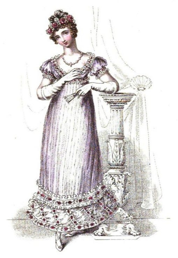 Eine Frau in einem lila Kleid mit detaillierten Verzierungen und einem hohen Halsausschnitt steht selbstbewusst neben einer Säule, ihr Haar ist zu einem ordentlichen Knoten gebunden, mit einem Vorhang im Hintergrund.