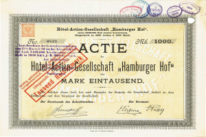 Altes Aktienzertifikat mit rotem Stempel, der "Hotel Actie Gesellschaft Hamburger Hof" lautet, und klassischem dekorativem Text und Stempeln.