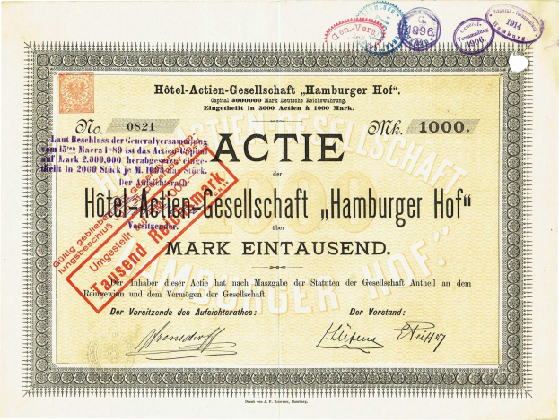 Altes Aktienzertifikat mit rotem Stempel, der "Hotel Actie Gesellschaft Hamburger Hof" lautet, und klassischem dekorativem Text und Stempeln.