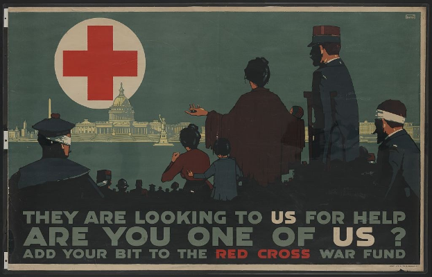 Plakat mit einer Gruppe von Menschen vor einem Gebäude mit einem roten Kreuz, die Zuschauer zum Spenden für das Rote Kreuz-Kriegsfonds aufrufen.