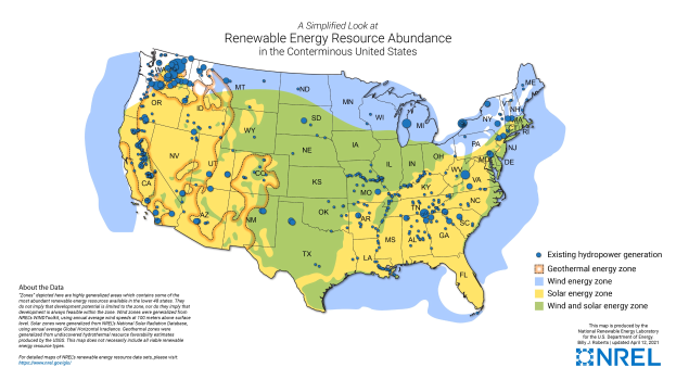 Eine U.S.-Karte mit farbigen Regionen, die Standorte von erneuerbaren Energiequellen anzeigen, begleitet von staatspezifischen Ressourcendetails.