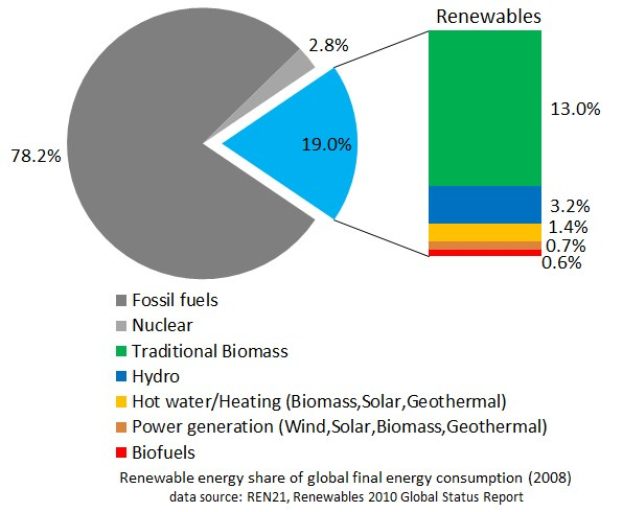 Tortendiagramm, das den globalen erneuerbaren Energieverbrauch im Jahr 2008 zeigt, aufgeteilt nach Energiequellen, darunter fossile Brennstoffe, Kernenergie, Wasserkraft, Warmwasser, Heizung, Biomasse, Solarenergie, Geothermie und Biokraftstoffe.