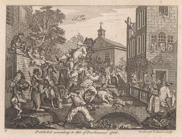 Eine Schwarz-Weiß-Radierung einer Gruppe von Menschen in einer Stadt mit Gebäuden, Bäumen und einem Himmel im Hintergrund, mit dem Text "Das Gesetz von 1706" unten.