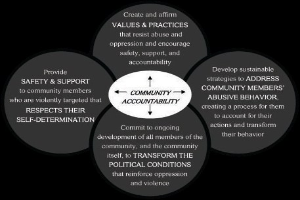 Ein Diagramm mit der Überschrift "Verantwortung in der Gemeinschaft" und einem zentralen Kreis, der durch Pfeile mit drei überlappenden Kreisen verbunden ist, alles in fetter, leuchtender Farbe.