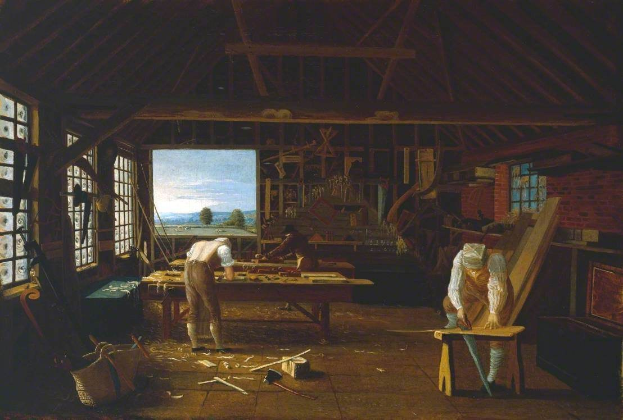 Gemälde mit dem Titel "Die Schreinerwerkstatt" von William Hogarth, das zwei Männer bei der Arbeit in einer Werkstatt zeigt, mit einem Tisch voller Werkzeuge und anderen Gegenständen in der Mitte des Raums. Auf der linken und rechten Seite des Gemäldes befinden sich Fenster, und im Hintergrund ist eine Aussicht auf Bäume, Berge und den Himmel zu sehen.