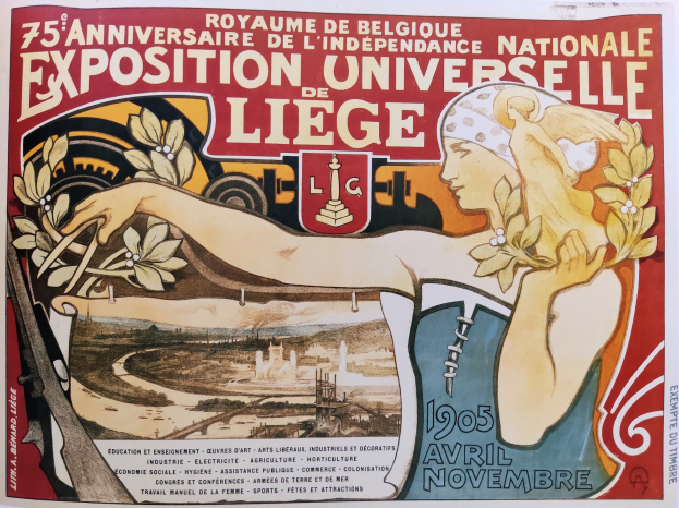 Plakat zum 75-jährigen Jubiläum der Nationalen Ausstellung Universitaire de Liège, das eine Frau mit Blumenstraßus zeigt und Text zur Beschreibung des Ereignisses enthält.