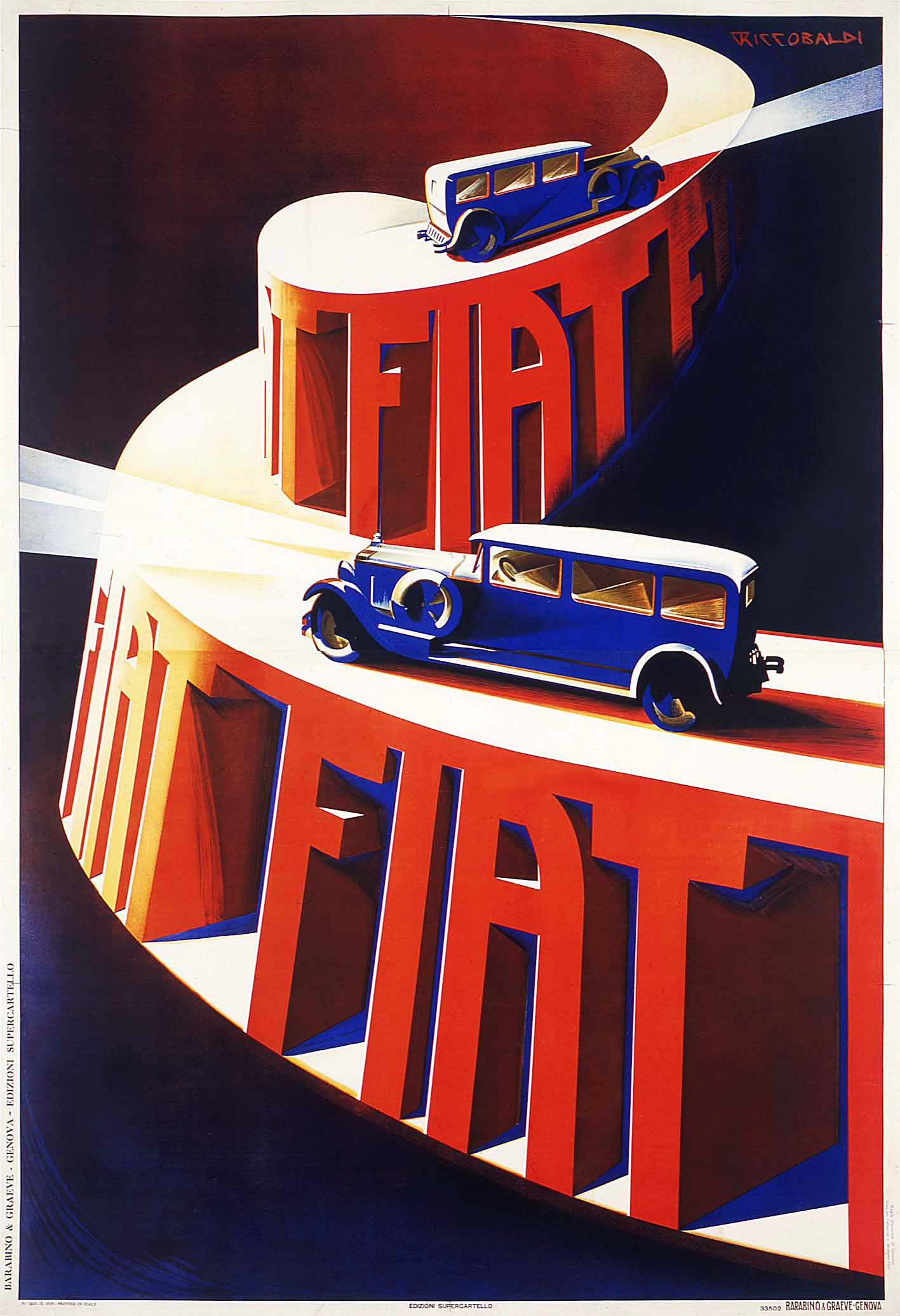 Blaue und rote Fiat-Autos auf einem Werbeplakat mit dem Wort "Fiat" zu sehen.