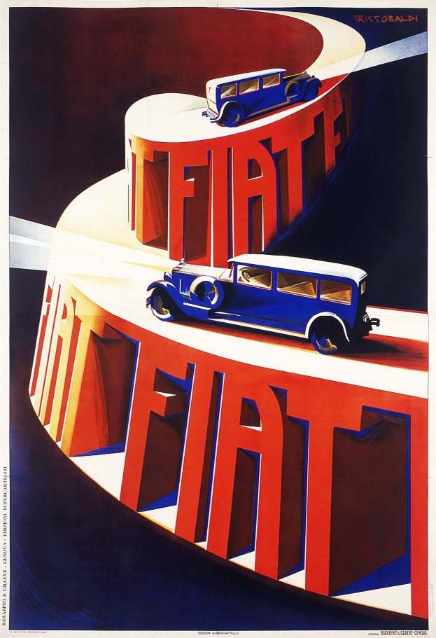 Blaue und rote Fiat-Autos auf einem Werbeplakat mit dem Wort "Fiat" zu sehen.