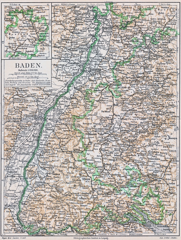 Detailiertes altes Kartenbild von Baden-Württemberg, Deutschland, mit Straßen, Städten und geografischen Merkmalen, mit Text oben und unten.