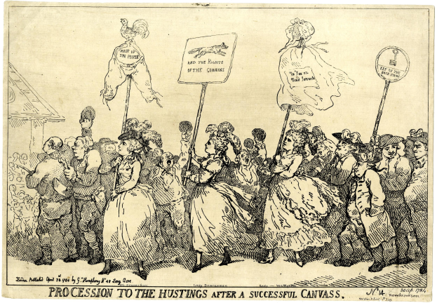 Eine Papiertusche mit einer Zeichnung einer Menschenmenge, die Schilder mit der Aufschrift "Prozession zum Wahlkampf nach einem erfolgreichen Canvas" hält.