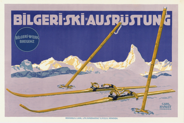 Plakat, das eine Skistation in den Schweizer Alpen bewirbt, mit Skiern im Vordergrund und schneebedeckten Bergen im Hintergrund sowie Text, der Details zur Station enthält.