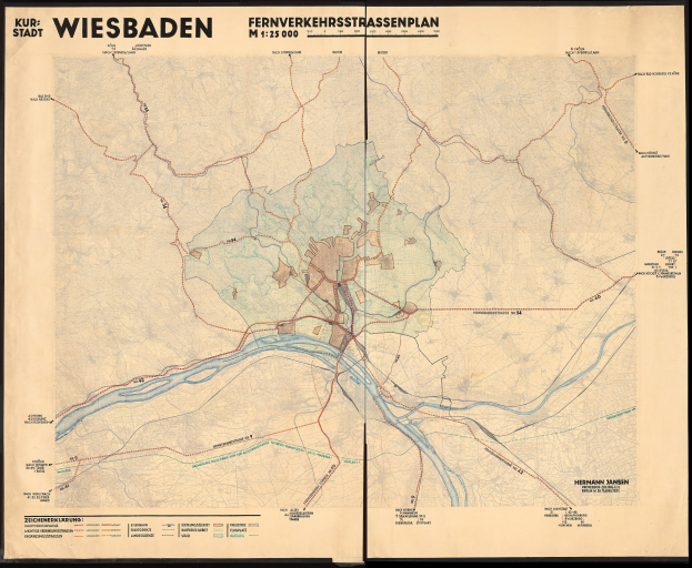 Alte Rahmenkarte von Wiesbaden, Deutschland, zeigt detaillierte Straßen, Gebäude und Sehenswürdigkeiten mit zusätzlichem Text über die Stadt.