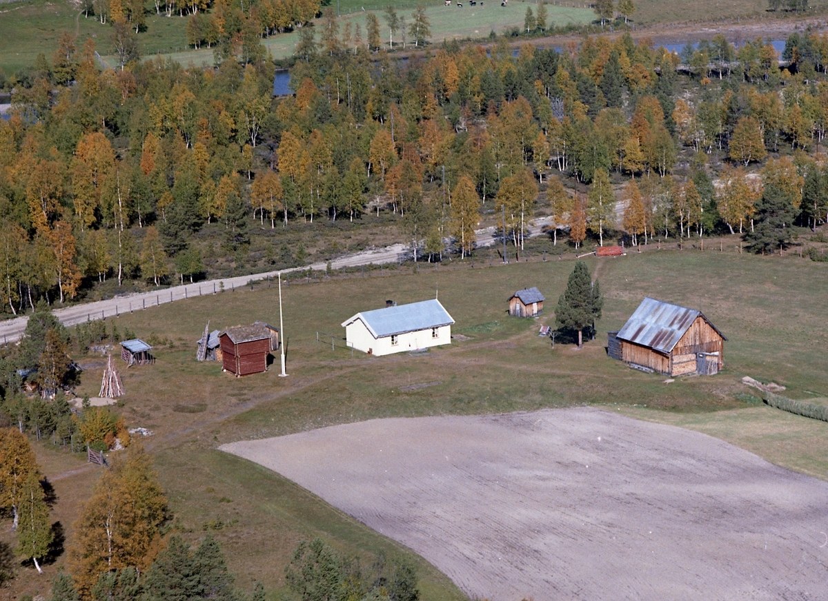 Luftaufnahme eines Ranchgeländes mit verstreuten Gebäuden in einem Feld umgeben von Bäumen, Häusern, Strommasten, einer Straße, Gras und Wasser.