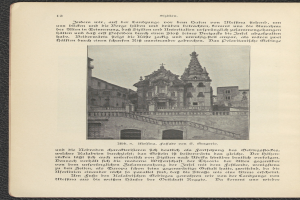 Ein altes Buch mit einer Abbildung eines historischen Gebäudes umgeben von Text.