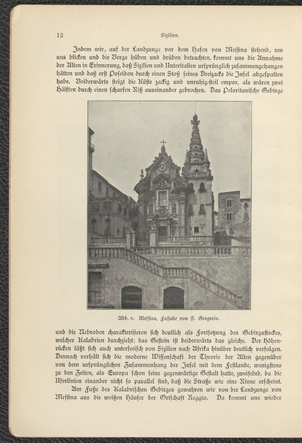 Ein altes Buch mit einer Abbildung eines historischen Gebäudes umgeben von Text.