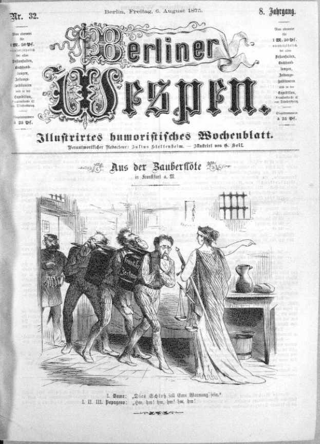 Altes schwarz-weißes Zeitungsblatt vom 'Berliner Wespen, 6. August 1875' mit einer Gruppe von Menschen in Not, einige schauen ängstlich nach oben und andere verwirrt nach unten.