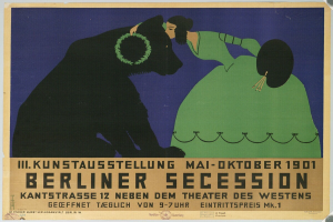 Ein Plakat der Berliner Secession, das eine Frau in einem grünen Kleid und einen Mann in einem schwarzen Anzug zeigt, mit Text, der das Ereignis beschreibt.