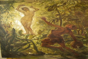 Ein Gemälde eines Mannes und einer Frau in Not umgeben von üppiger Dschungelvegetation in leuchtenden Farben und detailreichen Details.