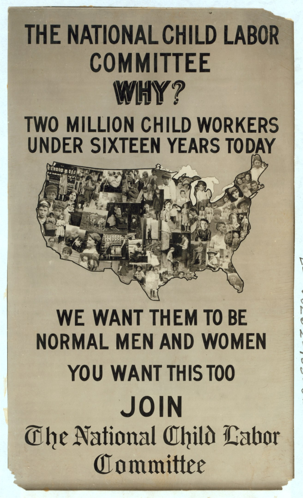 Plakat mit einer USA-Karte betitelt "The National Child Labor Committee: Why? Two Million Child Workers Under Sixteen Years Today" mit mehreren illustrierten Gesichtern, die die Komiteemitglieder darstellen.