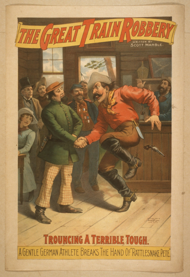 Plakat mit einer Gruppe von Menschen, die drinnen stehen, einer Person mit einer Waffe, einem Fenster und einer Wand im Hintergrund und dem Text "Die große Zugüberfall - Trouching ein Schreckliches Tough" oben und unten.